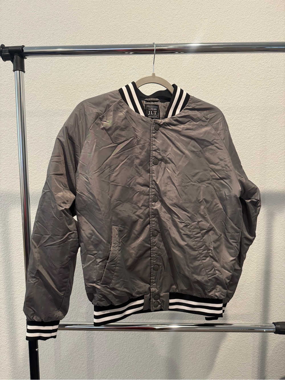 Gray Bomber Jacket with Striped Rib Trim